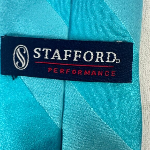 Stafford Performance Mens Turquoise Striped 100% Silk Neck Tie - Picture 4 of 5